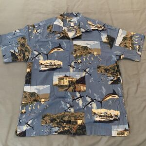 AFTCO Bluewater Shirt Mens Large Blue Fish Catalina Island Print Button Up USA